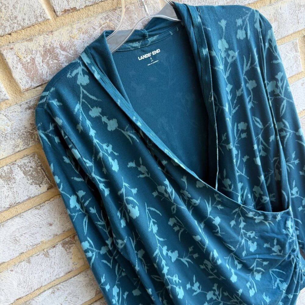 Lands' End Long Sleeve Faux Wrap V-Neck Floral Cotton Blend Blouse Size S - Picture 5 of 8